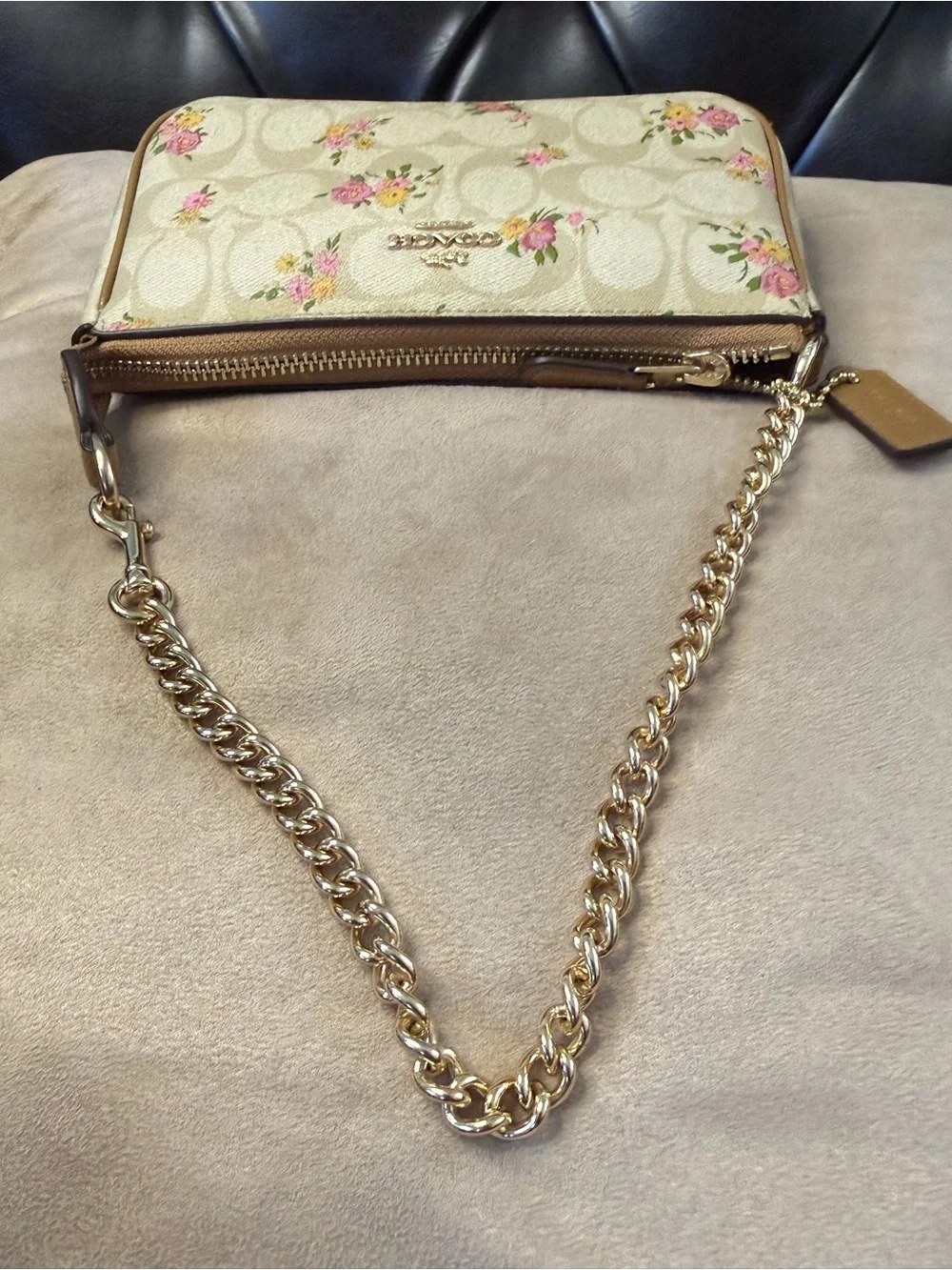 COACH SAND FLORAL SIGNATURE COATED CANVAS MINI POCHETTE/WRISTLET/GOLD HARDWARE